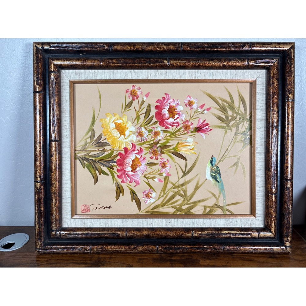 Vintage Asian Floral Bird Oil Painting Signed Faux Bamboo Fram Chinoiserie 21x17